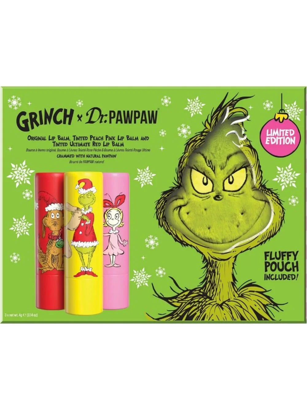 Grinch Lip Balm Set - Hydrating Natural Moisturizer in Red & Peach Pink - 4 pcs